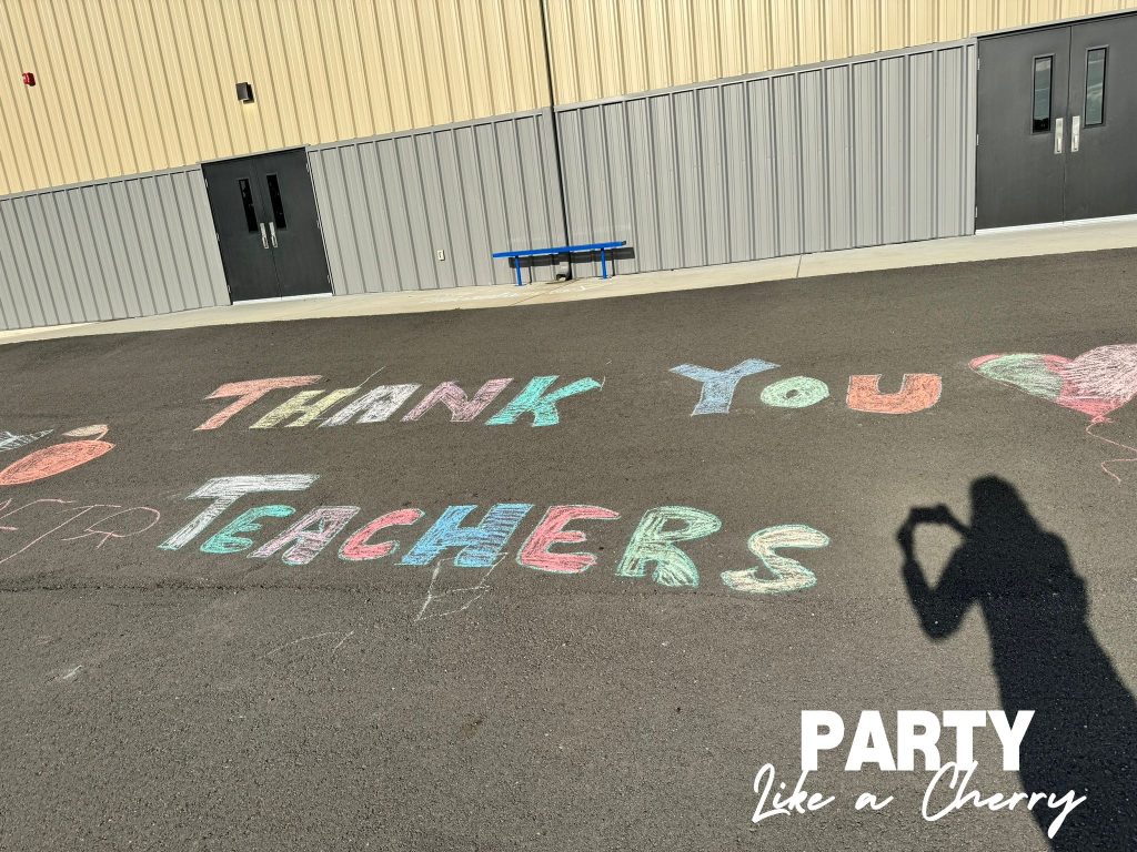 chalk the school sidewalks is a fun and free thing families can do for teacher appreciation week!
