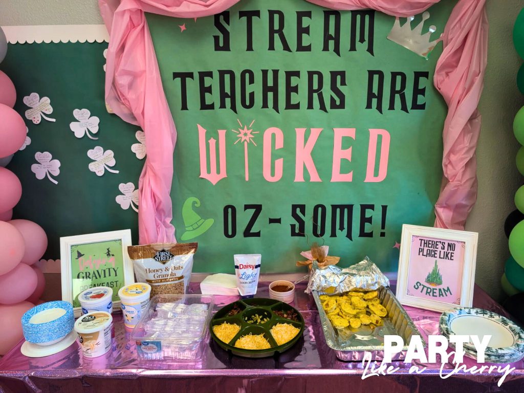 Defying Gravity Breakfast for Teacher Appreciation Week- egg bites, yogurt bar & coffee. Wicked theme.