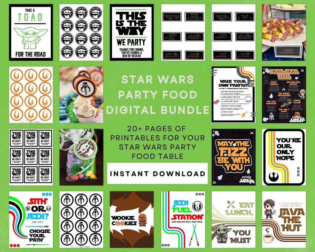 Take the stress out of your Star Wars party! Get 20+ pages of printable food signs and labels, plus an editable Canva soda bar menu.