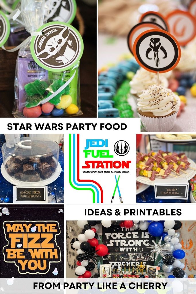 Looking for Star Wars party food ideas? Find easy themed snacks, a Yoda Soda Bar, Grogu Grazing Board, Wookiee Cookies and coordinating printables!