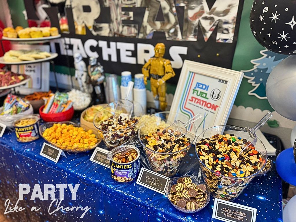 Teacher Appreciation Star Wars theme Jedi Fuel Station snack and trail mix idea and printables